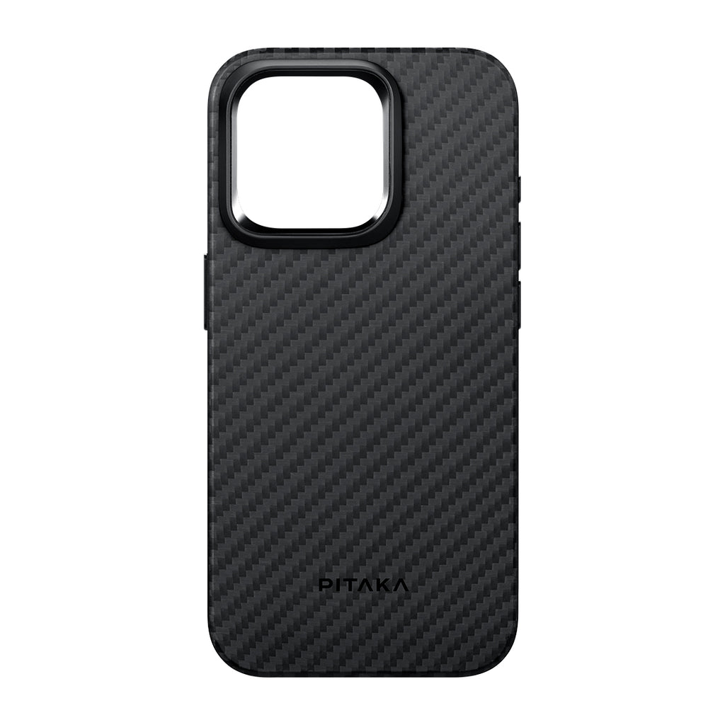 Apple iPhone 15 Pro Max Kılıf M-safe Şarj Özellikli 1500D Aramid Fiber Pitaka Military-Grade Classic Serisi Black-Grey Twill Kapak Siyah-Mavi