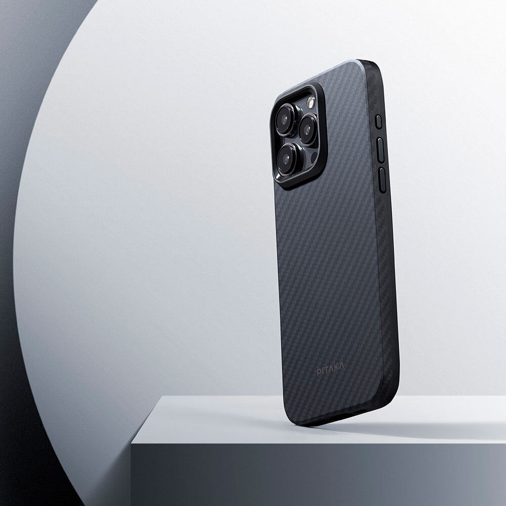 Apple iPhone 15 Pro Max Kılıf M-safe Şarj Özellikli 1500D Aramid Fiber Pitaka Military-Grade Classic Serisi Black-Grey Twill Kapak Siyah-Gri