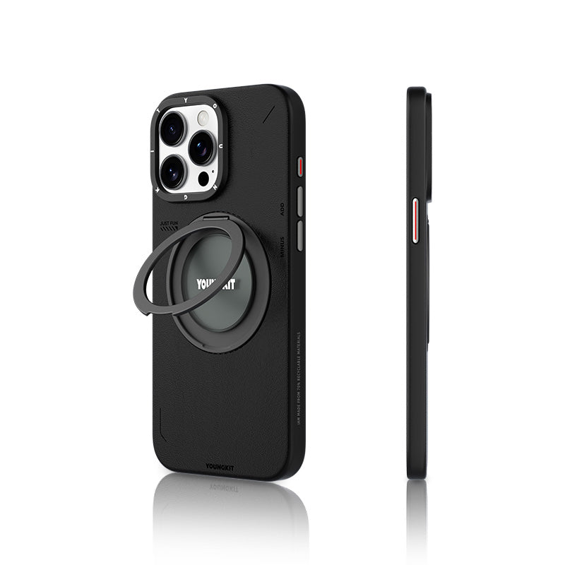 Apple iPhone 15 Pro Max Kılıf M-safe Şarj Özellikli 360° Standlı Basit Mat Deri Desenli Youngkit Tech Leather Serisi Kapak Siyah