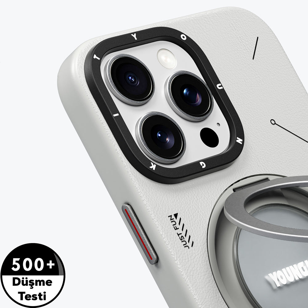 Apple iPhone 15 Pro Max Kılıf M-safe Şarj Özellikli 360° Standlı Basit Mat Deri Desenli Youngkit Tech Leather Serisi Kapak Kahverengi