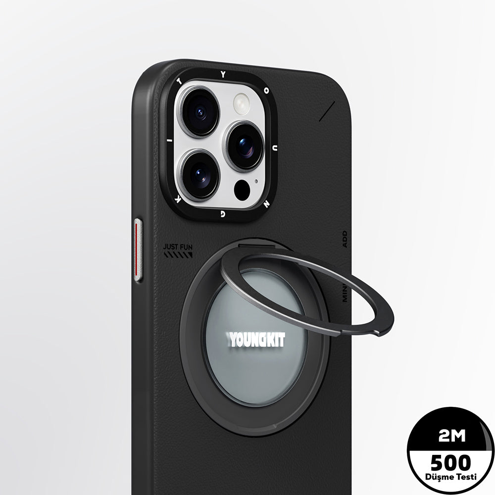 Apple iPhone 15 Pro Max Kılıf M-safe Şarj Özellikli 360° Standlı Basit Mat Deri Desenli Youngkit Tech Leather Serisi Kapak Siyah