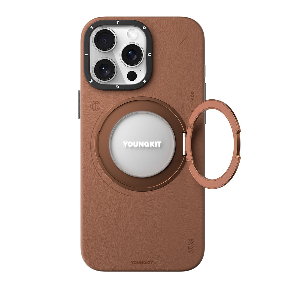 Apple iPhone 15 Pro Max Kılıf M-safe Şarj Özellikli 360° Standlı Basit Mat Deri Desenli Youngkit Tech Leather Serisi Kapak Kahverengi