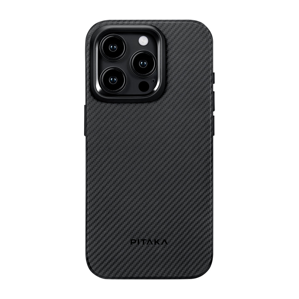 Apple iPhone 15 Pro Max Kılıf M-safe Şarj Özellikli 600D Aramid Fiber Pitaka Military-Grade Classic Serisi Black-Grey Twill Kapak Siyah-Gri