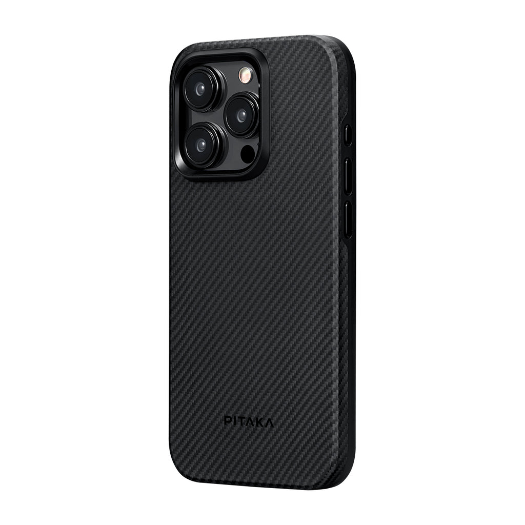 Apple iPhone 15 Pro Max Kılıf M-safe Şarj Özellikli 600D Aramid Fiber Pitaka Military-Grade Classic Serisi Black-Grey Twill Kapak Siyah-Gri