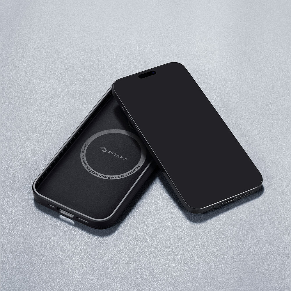 Apple iPhone 15 Pro Max Kılıf M-safe Şarj Özellikli 600D Aramid Fiber Pitaka Military-Grade Classic Serisi Black-Grey Twill Kapak Siyah-Gri