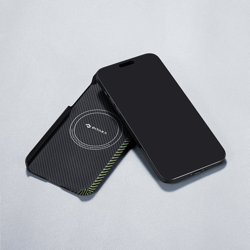 Apple iPhone 15 Pro Max Kılıf M-safe Şarj Özellikli 600D Aramid Fiber Pitaka Tactile Woven Orchestra Serisi Overture Kapak Siyah-Yeşil