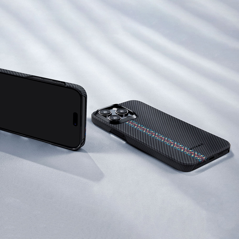 Apple iPhone 15 Pro Max Kılıf M-safe Şarj Özellikli 600D Aramid Fiber Pitaka Tactile Woven Orchestra Serisi Rhapsody Kapak Siyah