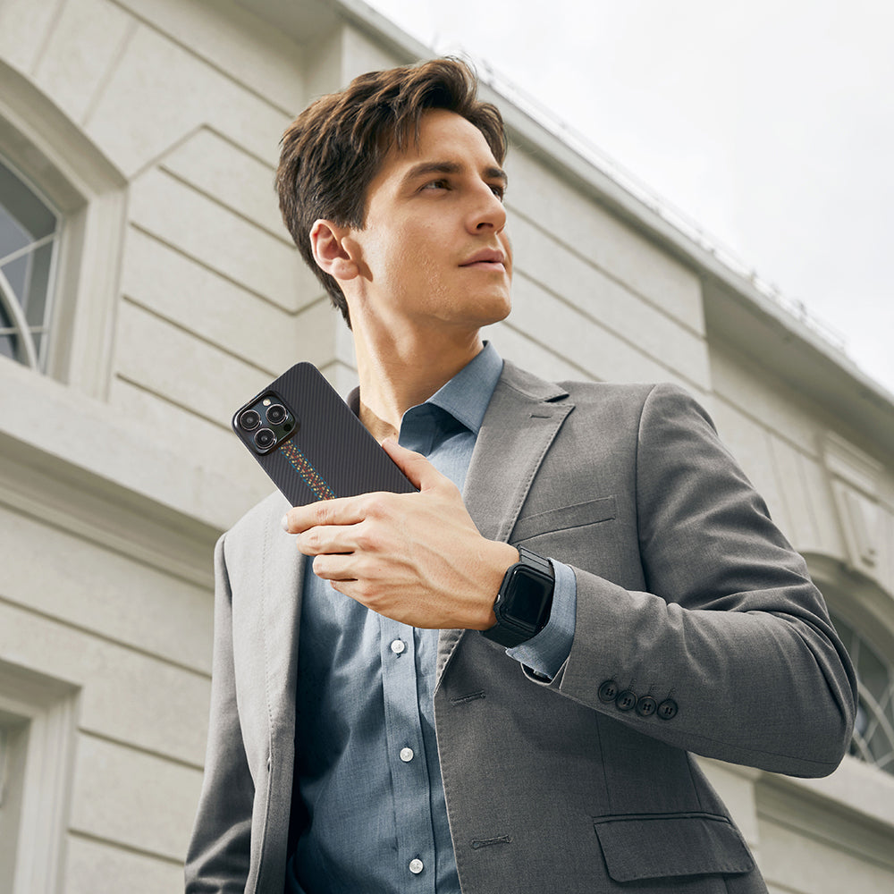 Apple iPhone 15 Pro Max Kılıf M-safe Şarj Özellikli 600D Aramid Fiber Pitaka Tactile Woven Orchestra Serisi Rhapsody Kapak Siyah