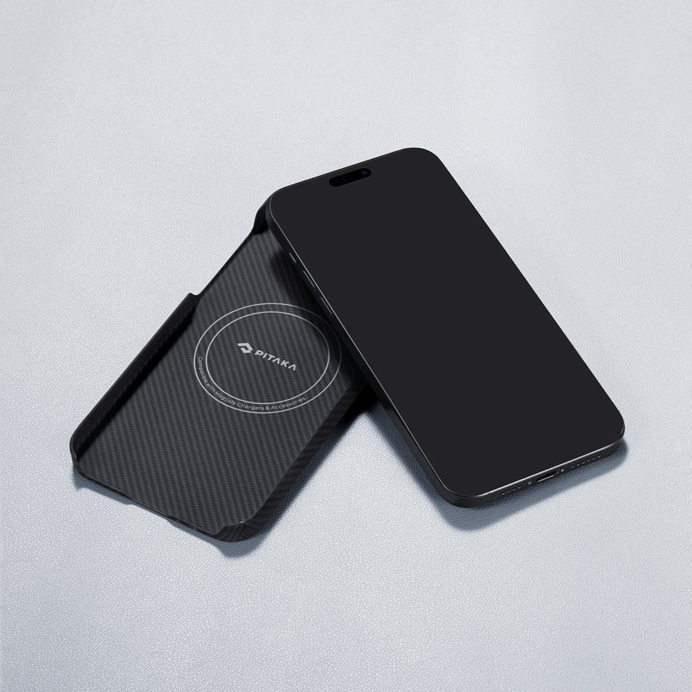 Apple iPhone 15 Pro Max Kılıf M-safe Şarj Özellikli 600D Aramid Fiber Pitaka Ultra-Slim Classic Serisi Black-Grey Twill Kapak Siyah-Gri