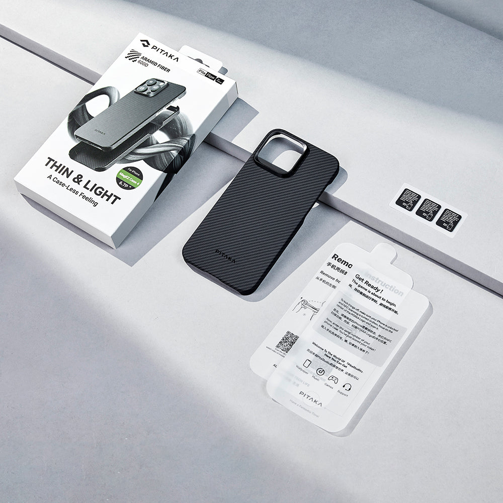 Apple iPhone 15 Pro Max Kılıf M-safe Şarj Özellikli 600D Aramid Fiber Pitaka Ultra-Slim Classic Serisi Black-Grey Twill Kapak Siyah-Gri