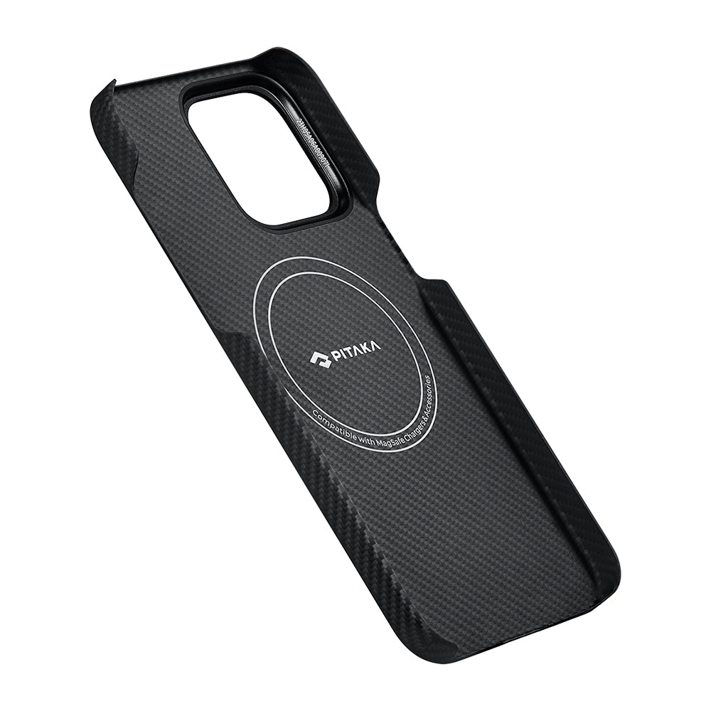 Apple iPhone 15 Pro Max Kılıf M-safe Şarj Özellikli 600D Aramid Fiber Pitaka Ultra-Slim Classic Serisi Black-Grey Twill Kapak Siyah-Gri