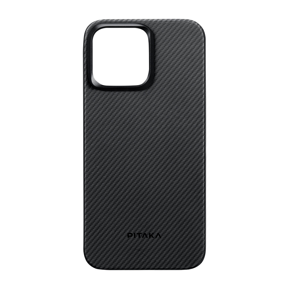 Apple iPhone 15 Pro Max Kılıf M-safe Şarj Özellikli 600D Aramid Fiber Pitaka Ultra-Slim Classic Serisi Black-Grey Twill Kapak Siyah-Gri
