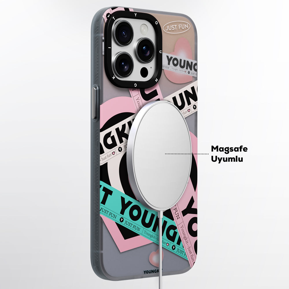 Apple iPhone 15 Pro Max Kılıf M-safe Şarj Özellikli Airbagli Çift Katmanlı Youngkit Flipped Serisi Kapak Pembe Açık