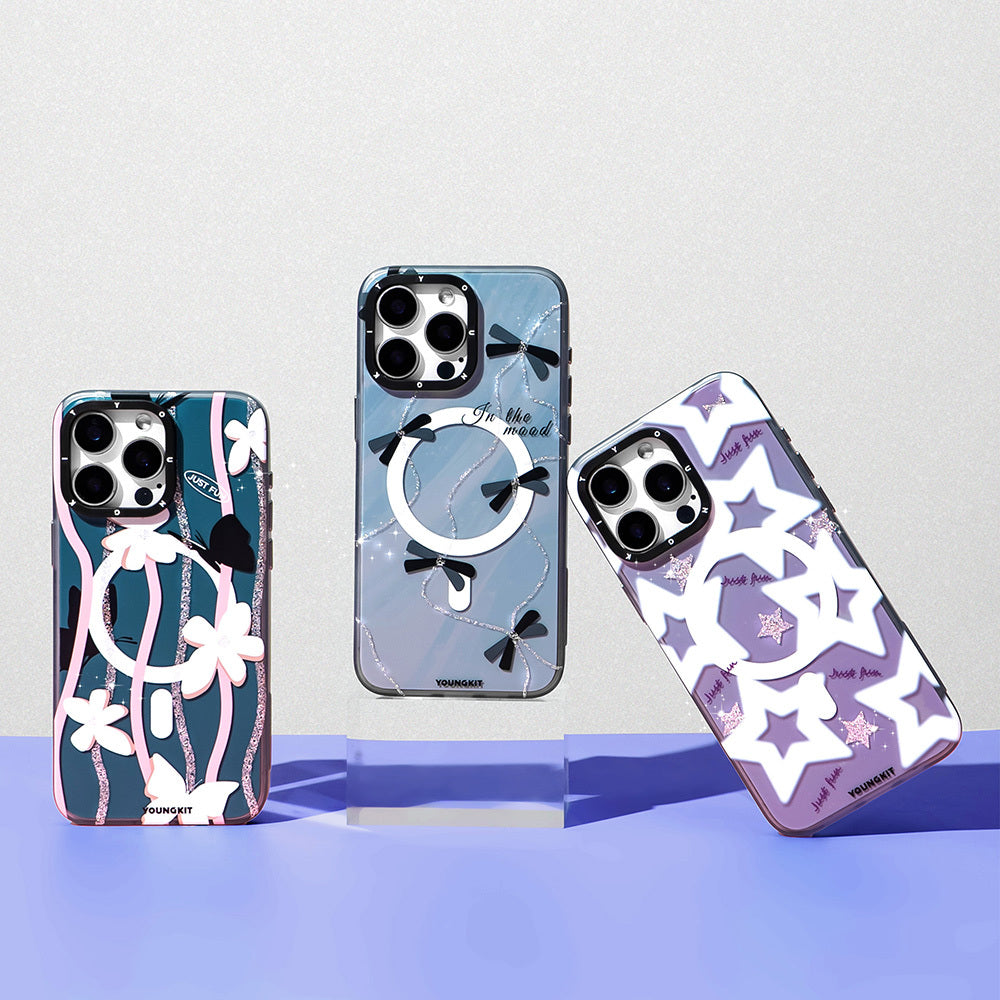 Apple iPhone 15 Pro Max Kılıf M-safe Şarj Özellikli Airbagli Çift Katmanlı Youngkit Star&Butterfly Serisi Kapak Gri