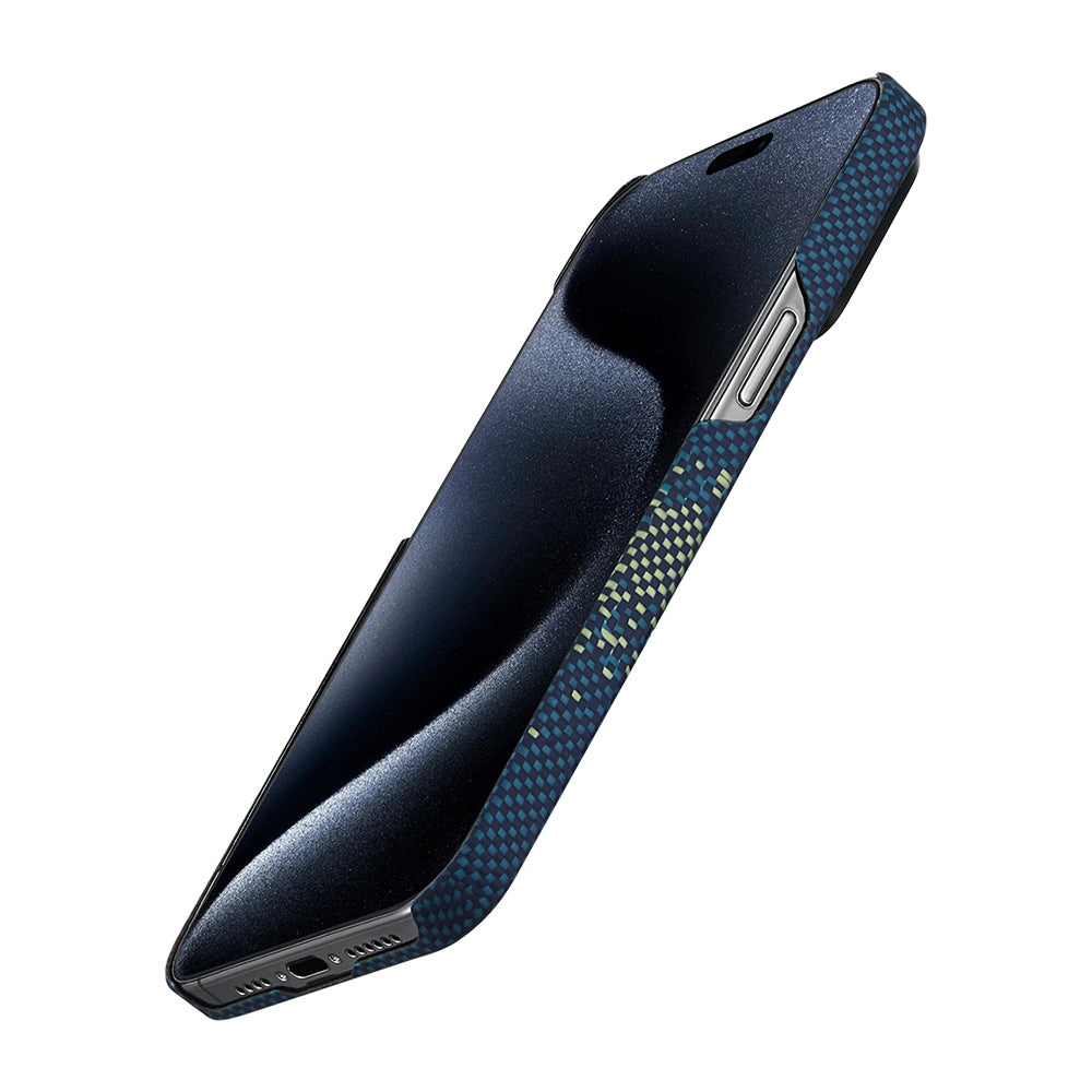 Apple iPhone 15 Pro Max Kılıf M-safe Şarj Özellikli Aramid Fiber Pitaka Tactile Woven Starpeak Serisi Milky Way Galaxy Kapak Mavi