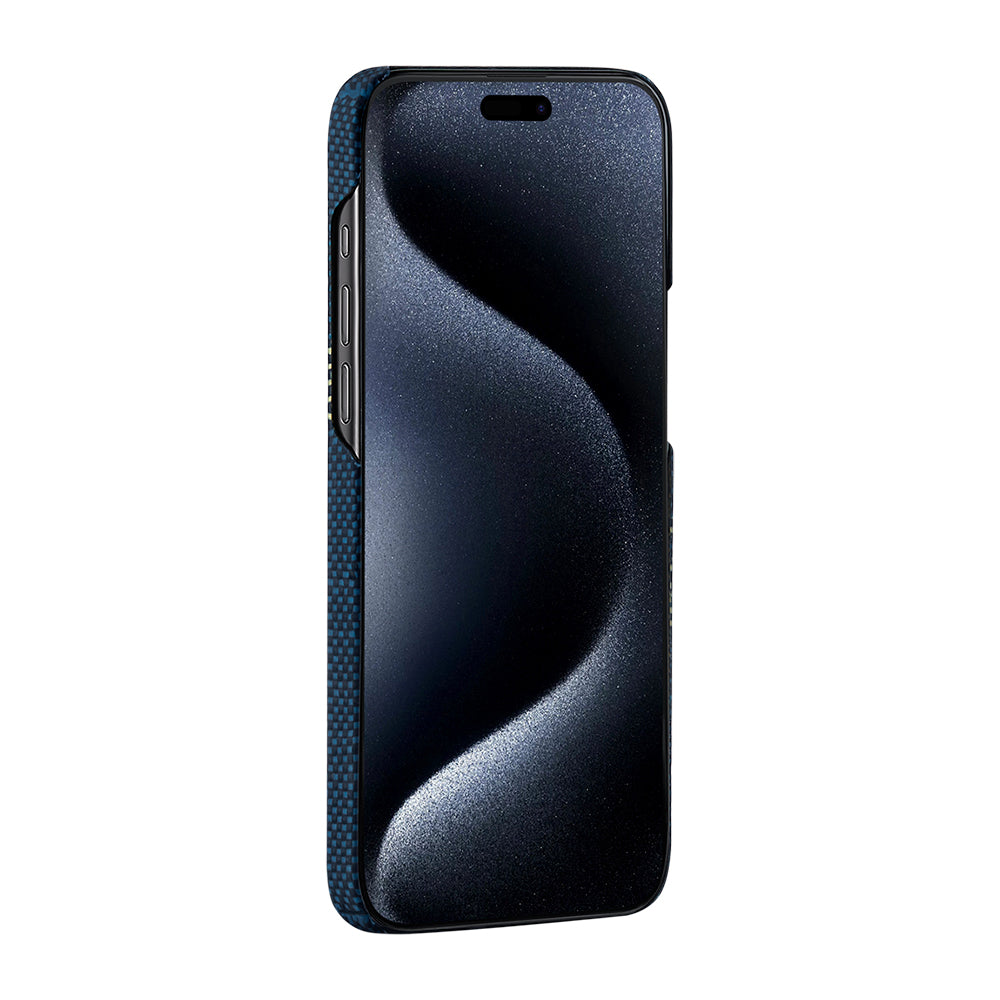 Apple iPhone 15 Pro Max Kılıf M-safe Şarj Özellikli Aramid Fiber Pitaka Tactile Woven Starpeak Serisi Over The Horizon Kapak Mavi