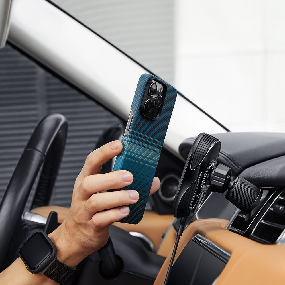 Apple iPhone 15 Pro Max Kılıf M-safe Şarj Özellikli Aramid Fiber Pitaka Tactile Woven Sunset-Moonrise Serisi Moonrise Kapak Mavi