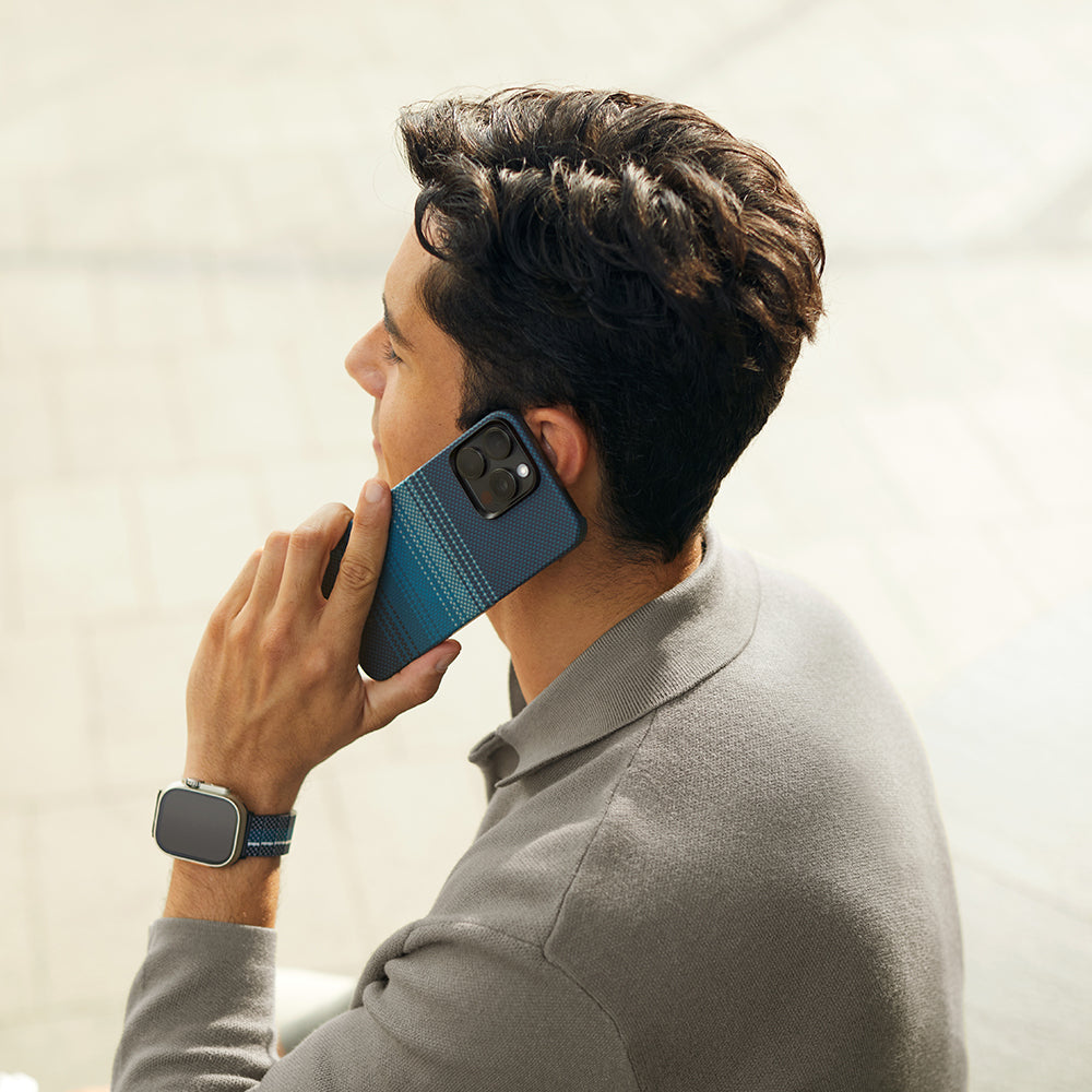 Apple iPhone 15 Pro Max Kılıf M-safe Şarj Özellikli Aramid Fiber Pitaka Tactile Woven Sunset-Moonrise Serisi Moonrise Kapak Mavi