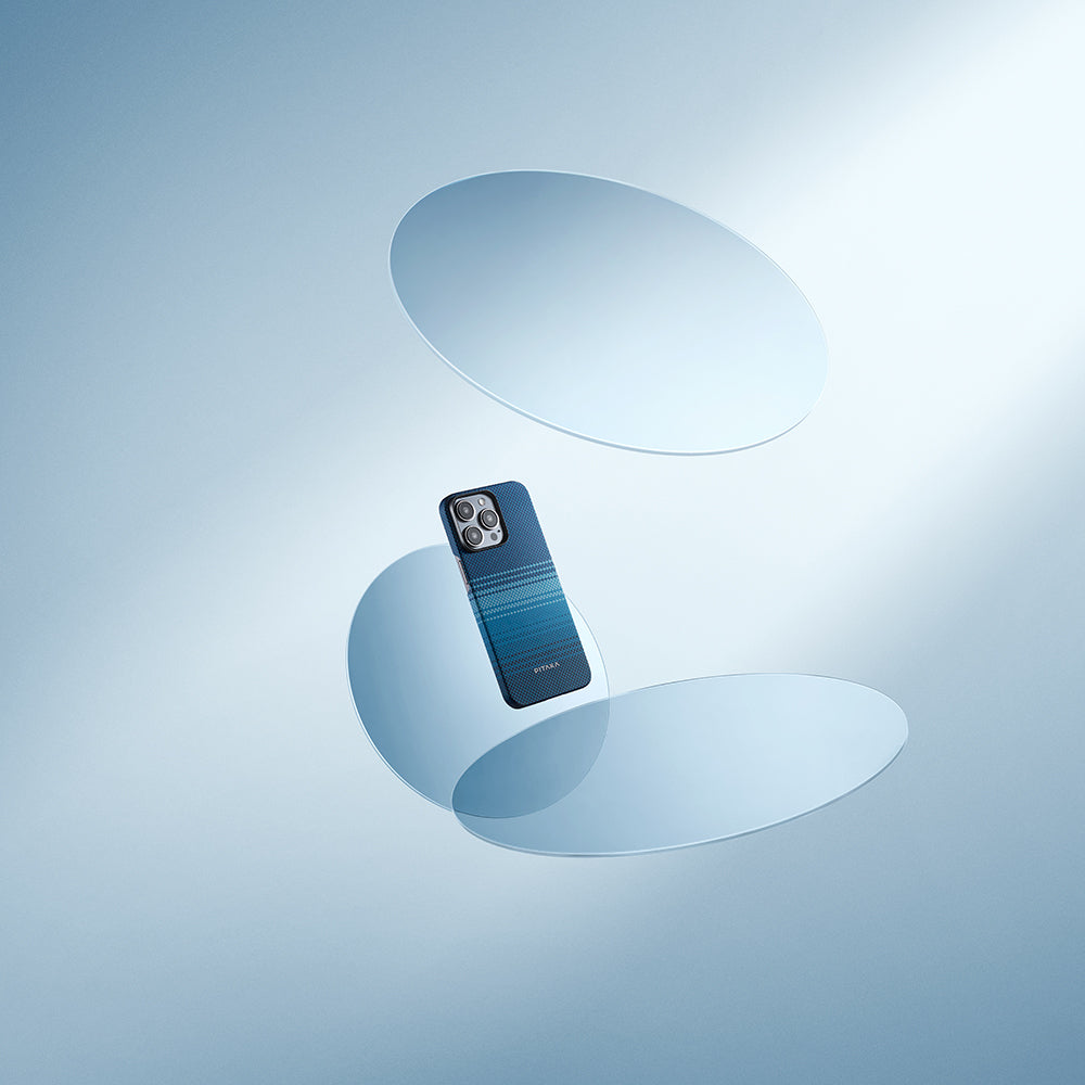 Apple iPhone 15 Pro Max Kılıf M-safe Şarj Özellikli Aramid Fiber Pitaka Tactile Woven Sunset-Moonrise Serisi Moonrise Kapak Mavi