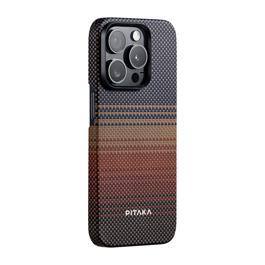 Apple iPhone 15 Pro Max Kılıf M-safe Şarj Özellikli Aramid Fiber Pitaka Tactile Woven Sunset-Moonrise Serisi Sunset Kapak Kahverengi