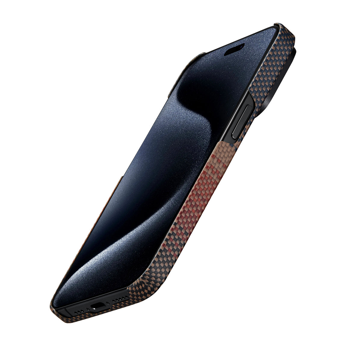 Apple iPhone 15 Pro Max Kılıf M-safe Şarj Özellikli Aramid Fiber Pitaka Tactile Woven Sunset-Moonrise Serisi Sunset Kapak Kahverengi