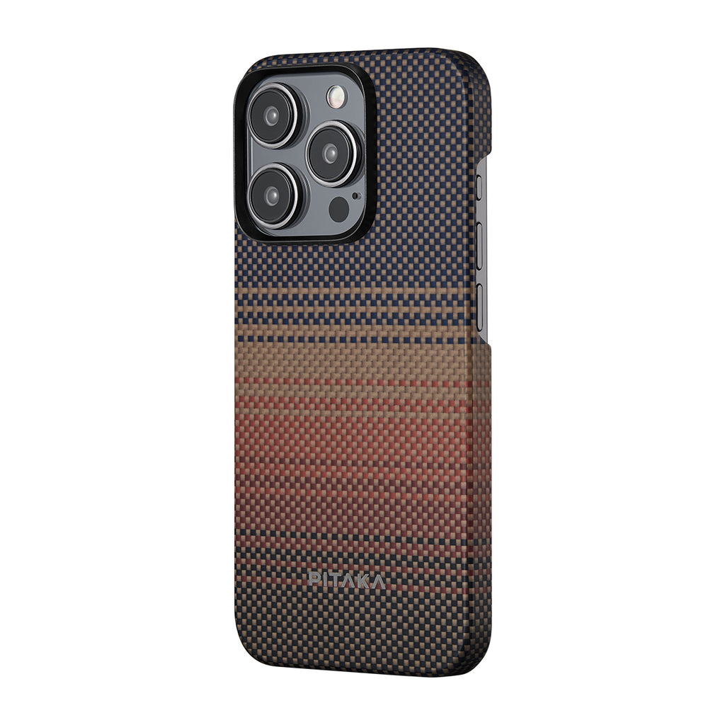 Apple iPhone 15 Pro Max Kılıf M-safe Şarj Özellikli Aramid Fiber Pitaka Tactile Woven Sunset-Moonrise Serisi Sunset Kapak Kahverengi