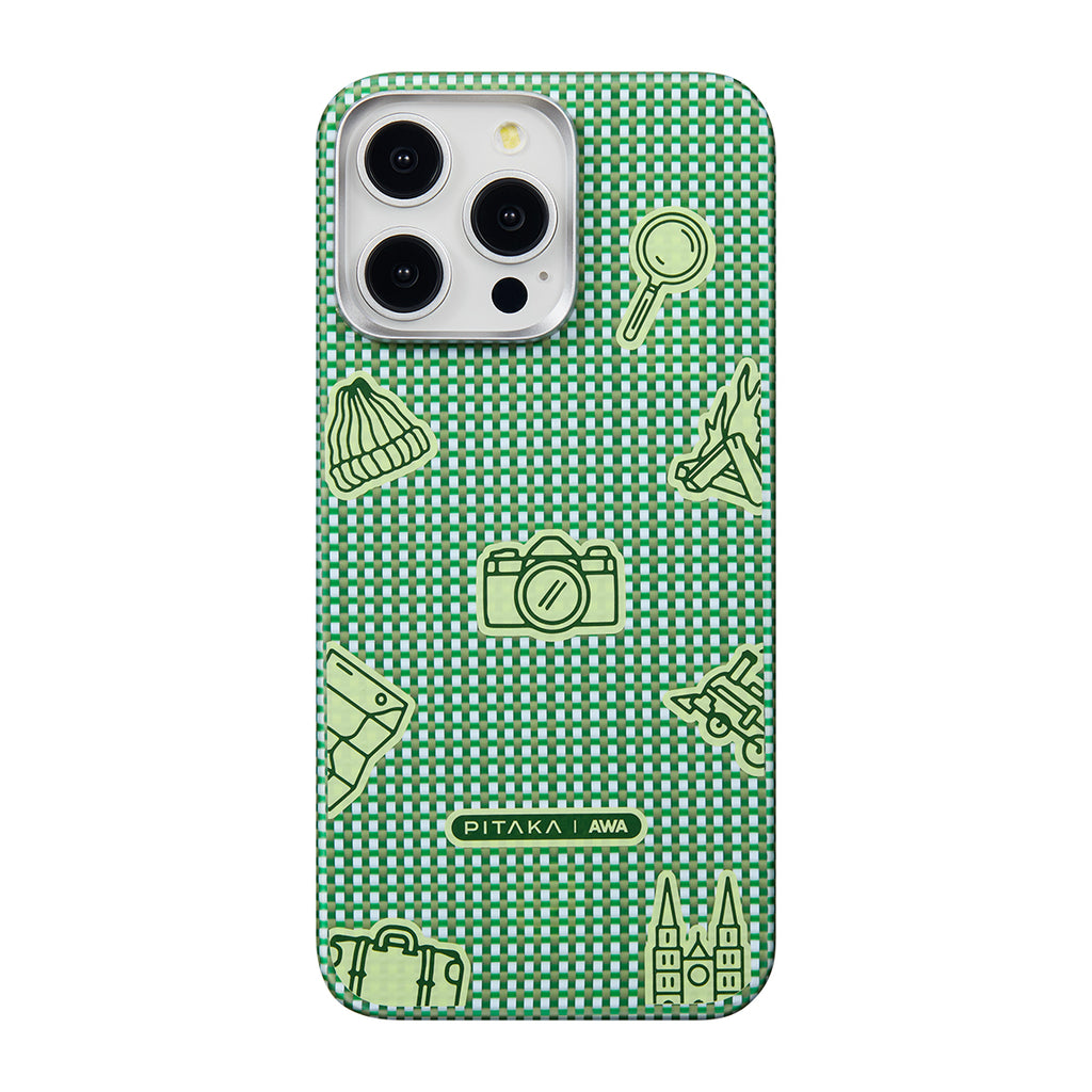 Apple iPhone 15 Pro Max Kılıf M-safe Şarj Özellikli Awa Tasarımlı 1500D Aramid Fiber Pitaka Ultra-Slim Classic Serisi Forest Kapak Yeşil