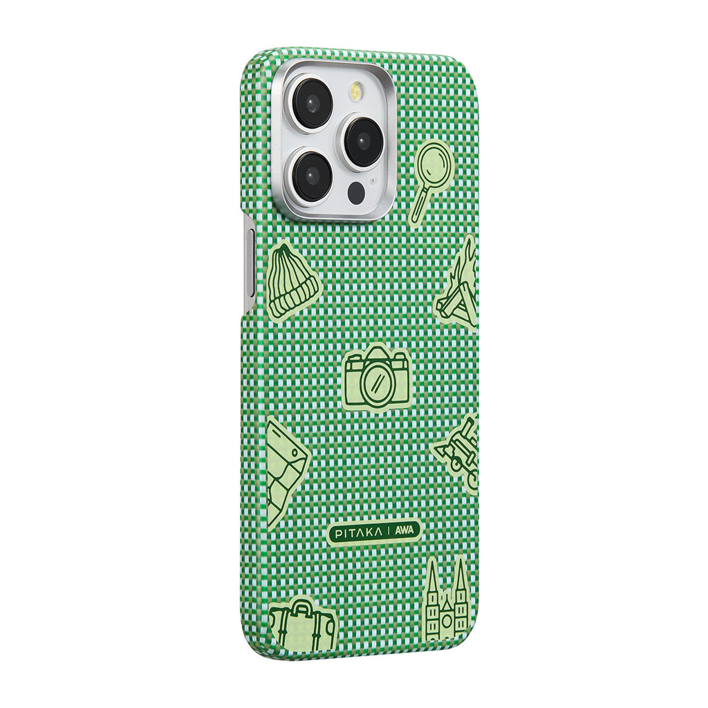 Apple iPhone 15 Pro Max Kılıf M-safe Şarj Özellikli Awa Tasarımlı 1500D Aramid Fiber Pitaka Ultra-Slim Classic Serisi Forest Kapak Yeşil