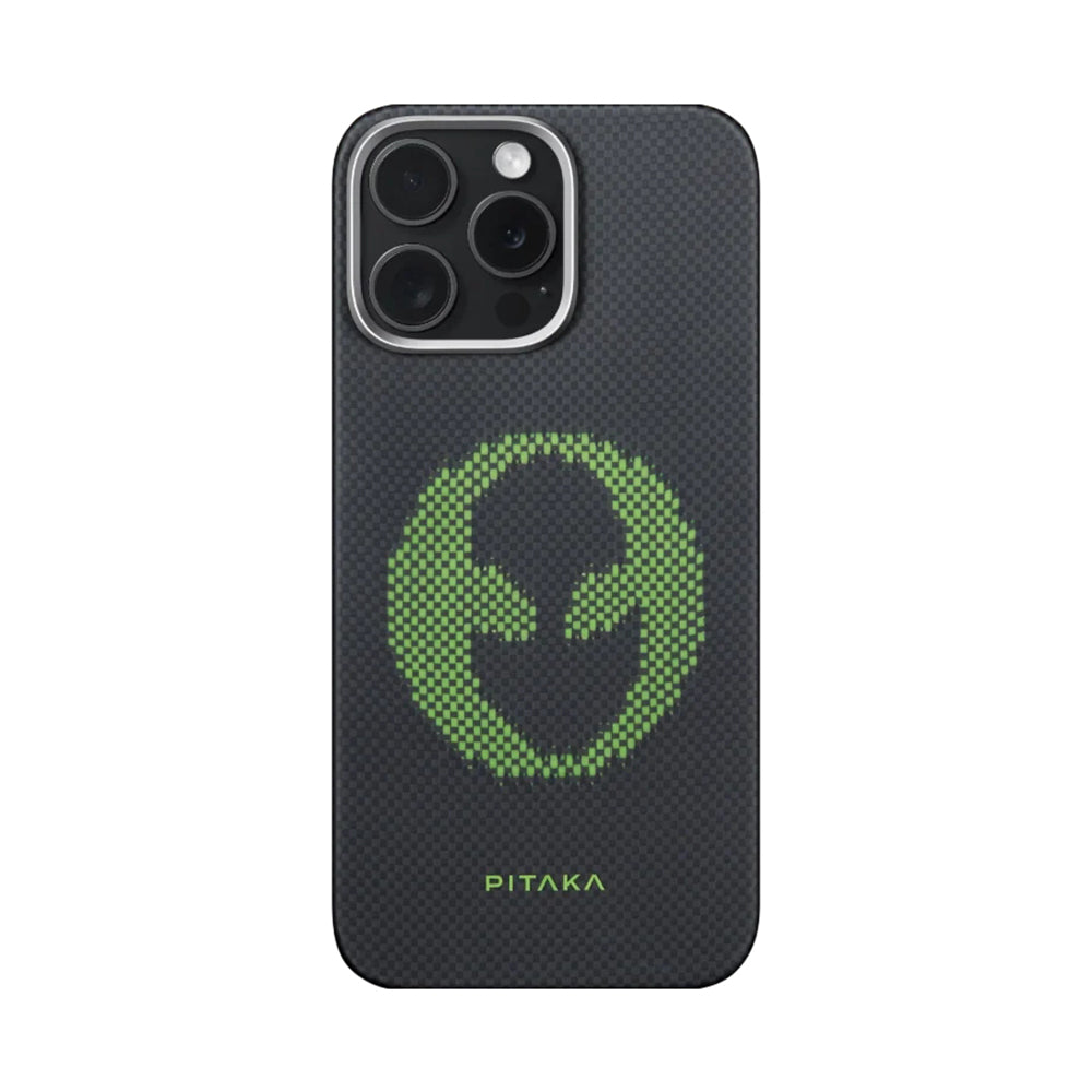 Apple iPhone 15 Pro Max Kılıf M-safe Şarj Özellikli Lumintex Teknolojili Fosforlu Aramid Fiber Pitaka Tactile Woven Aries Serisi Kapak Siyah-Yeşil