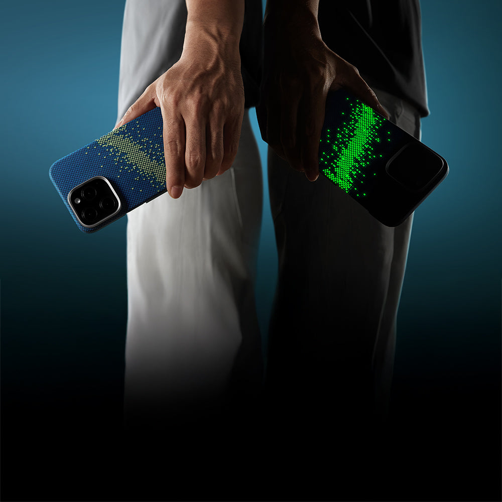 Apple iPhone 15 Pro Max Kılıf M-safe Şarj Özellikli Lumintex Teknolojili Fosforlu Özellikli Aramid Fiber Pitaka Tactile Woven Starpeak Serisi Milky Way Galaxy Kapak Mavi