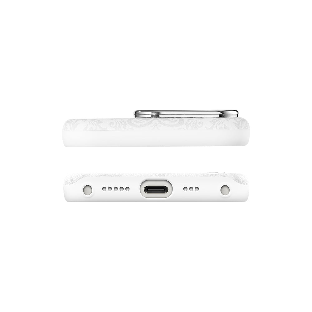 Apple iPhone 15 Pro Max Kılıf M-safe Şarj Özellikli Suni Deri Tasarımlı Desenli Pynana Print Serisi Kapak Beyaz