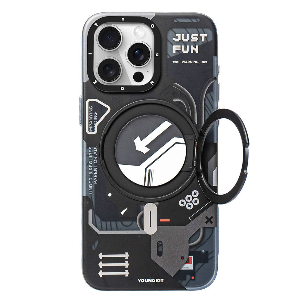 Apple iPhone 15 Pro Max Kılıf M-safe Şarj Özellikli Youngkit 360° Standlı Starship Serisi Kapak Siyah