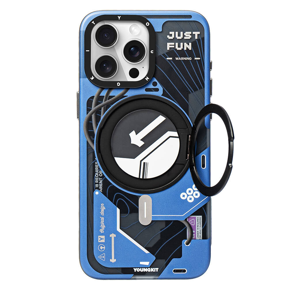 Apple iPhone 15 Pro Max Kılıf M-safe Şarj Özellikli Youngkit 360° Standlı Starship Serisi Kapak Mavi