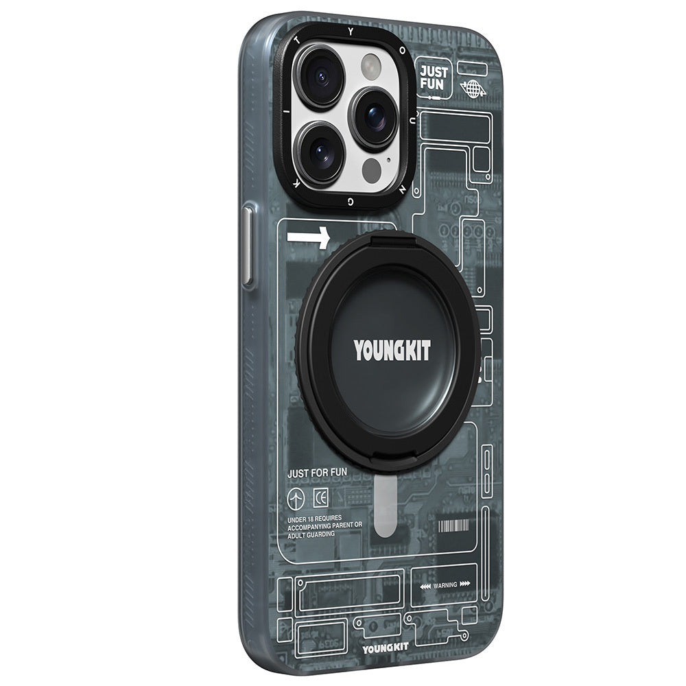 Apple iPhone 15 Pro Max Kılıf M-safe Şarj Özellikli Youngkit 360° Standlı Technology Serisi Kapak Mavi