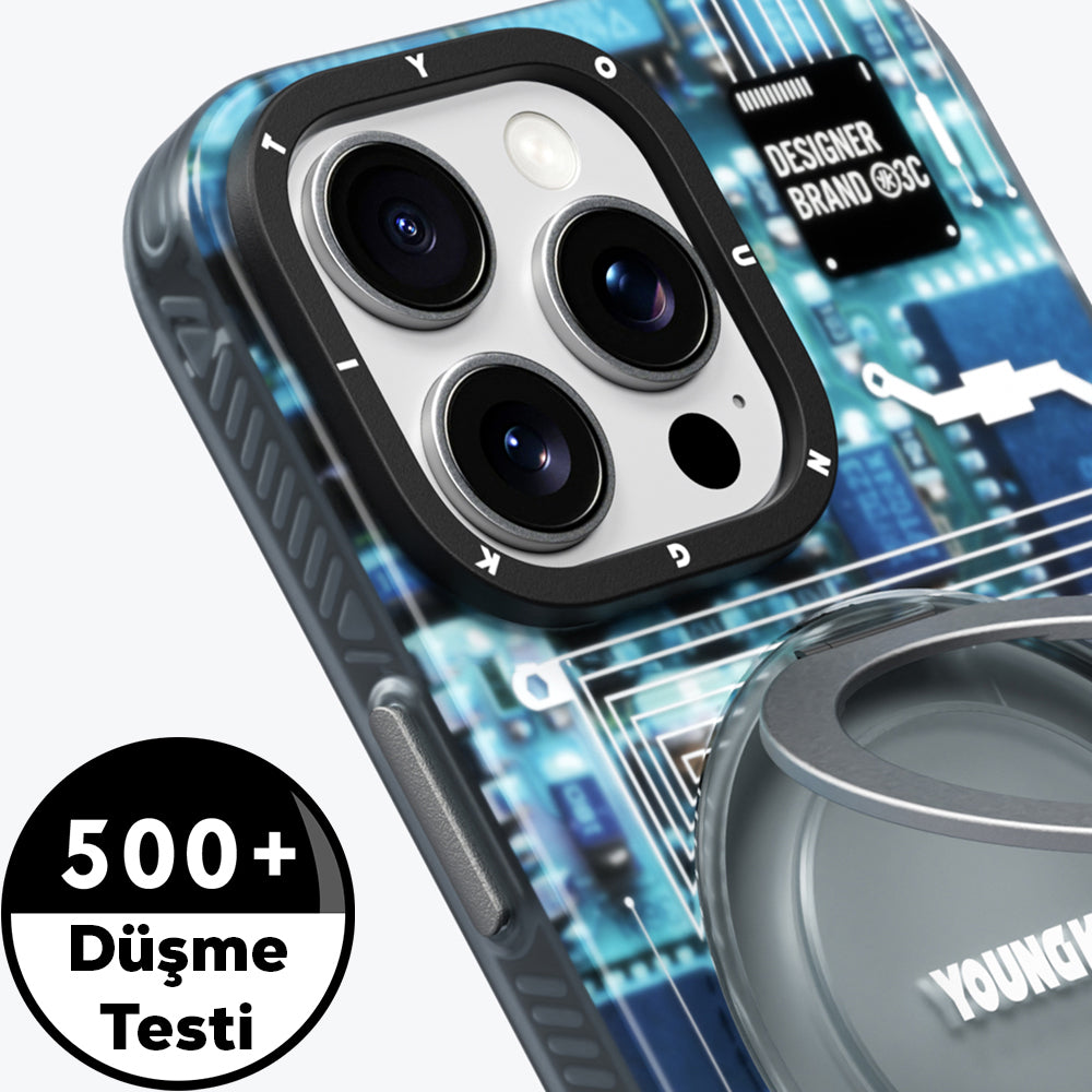 Apple iPhone 15 Pro Max Kılıf M-safe Şarj Özellikli Youngkit 360° Standlı Technology Serisi Kapak Gri