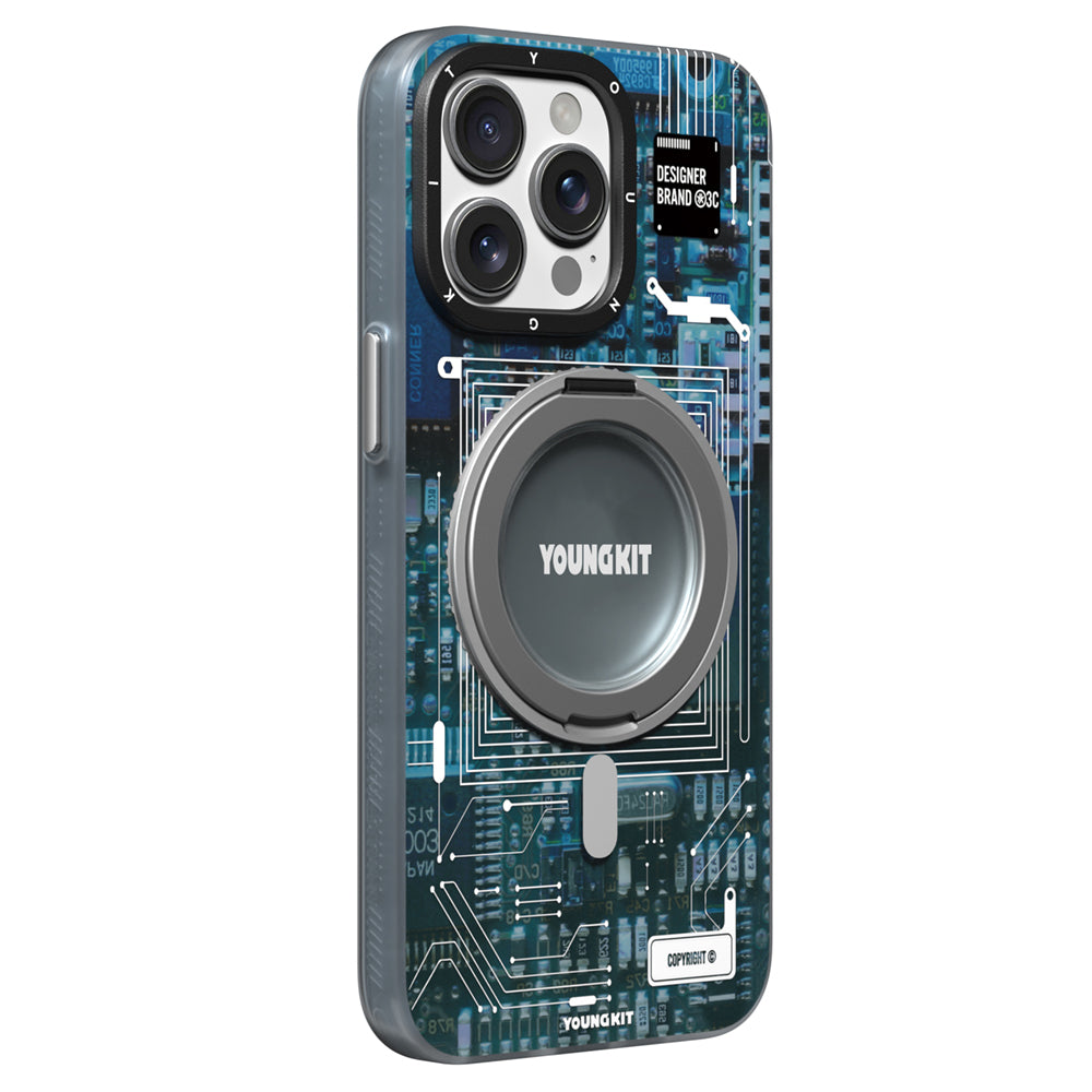 Apple iPhone 15 Pro Max Kılıf M-safe Şarj Özellikli Youngkit 360° Standlı Technology Serisi Kapak Mavi