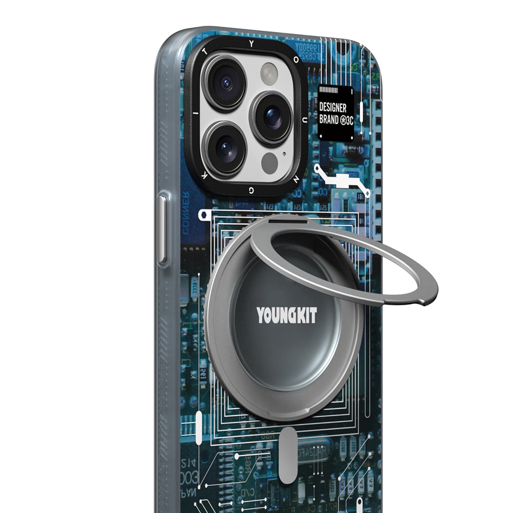 Apple iPhone 15 Pro Max Kılıf M-safe Şarj Özellikli Youngkit 360° Standlı Technology Serisi Kapak Gri