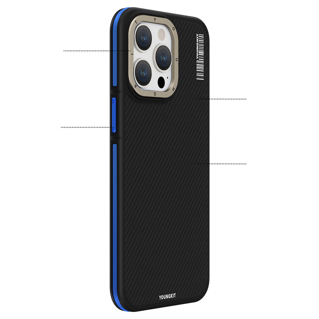 Apple iPhone 15 Pro Max Kılıf M-safe Şarj Özellikli YoungKit 600D Kevlar Kapak Mavi