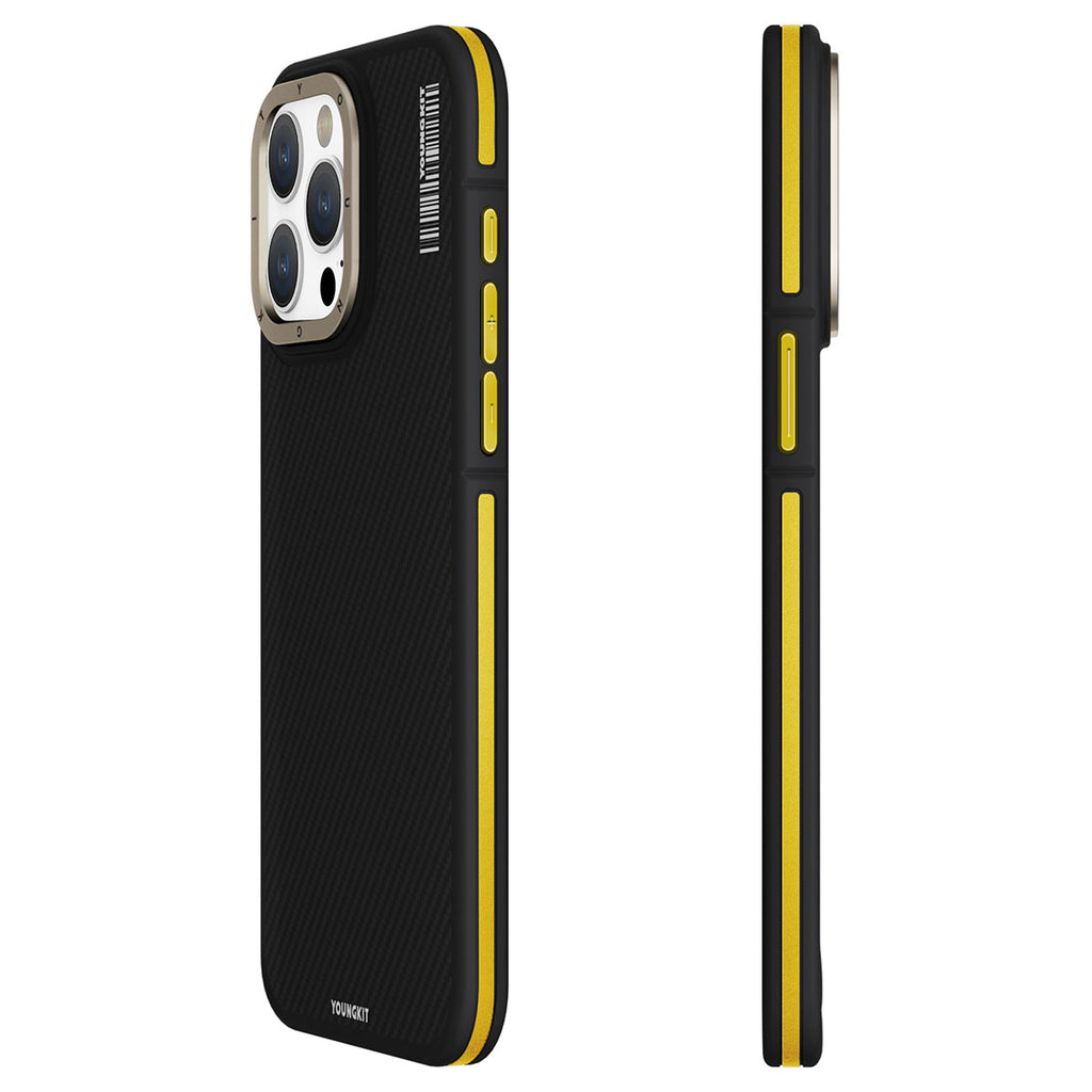 Apple iPhone 15 Pro Max Kılıf M-safe Şarj Özellikli YoungKit 600D Kevlar Kapak Sarı