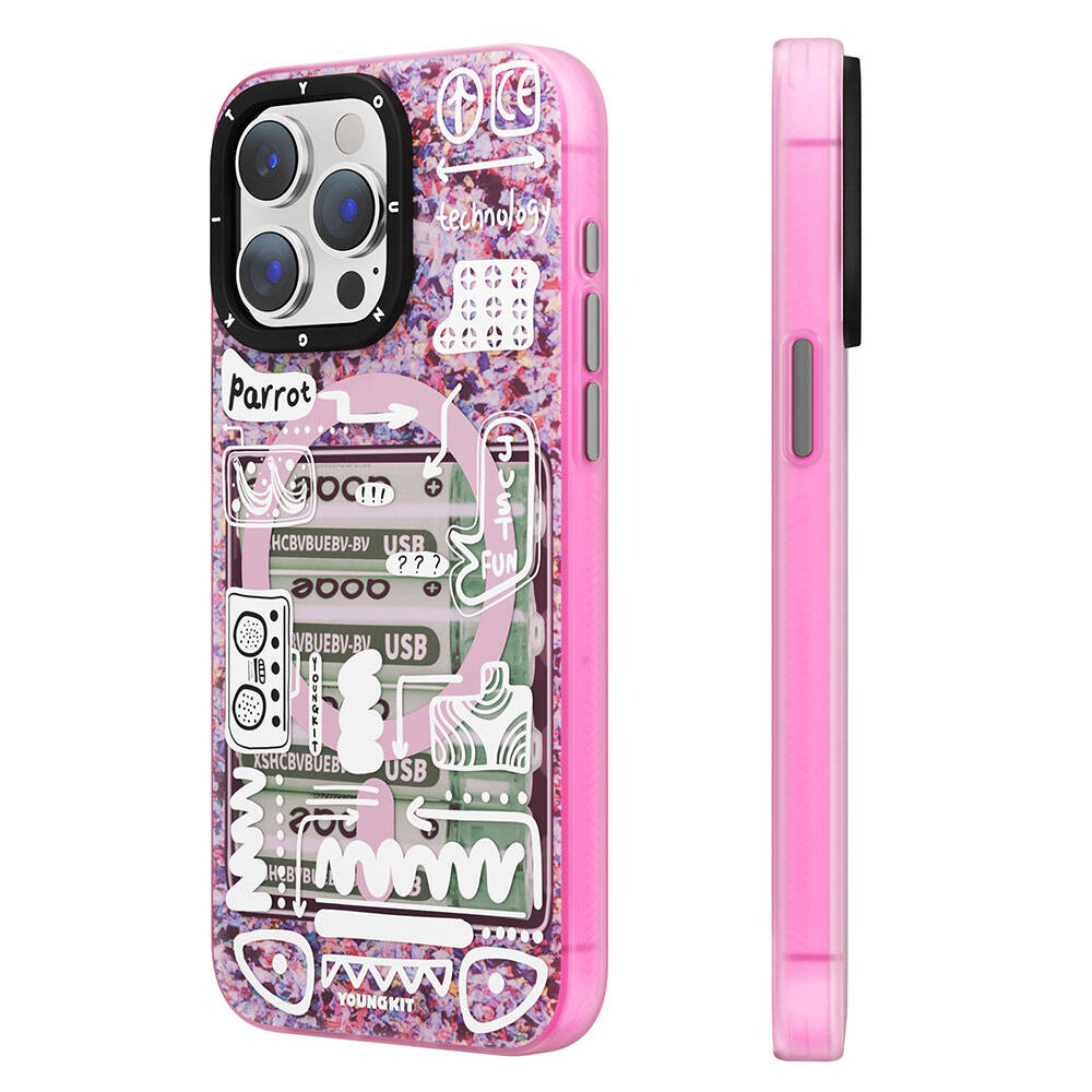 Apple iPhone 15 Pro Max Kılıf M-safe Şarj Özellikli Youngkit Dark Matter Serisi Kapak Pembe