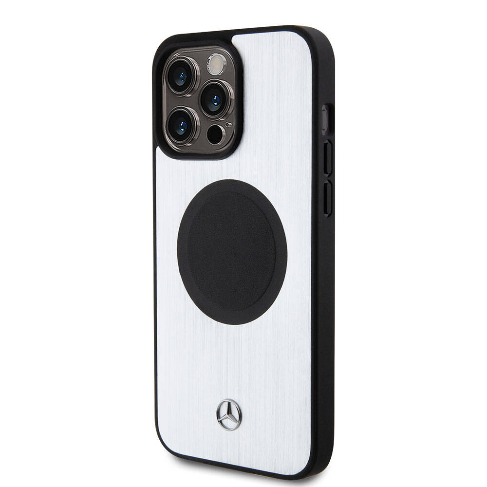 Apple iPhone 15 Pro Max Kılıf Mercedes Benz Orjinal Lisanslı M-safe Şarj Özellikli Alüminyum Arka Yüzey Metal Yıldız Logolu Kapak Gümüş