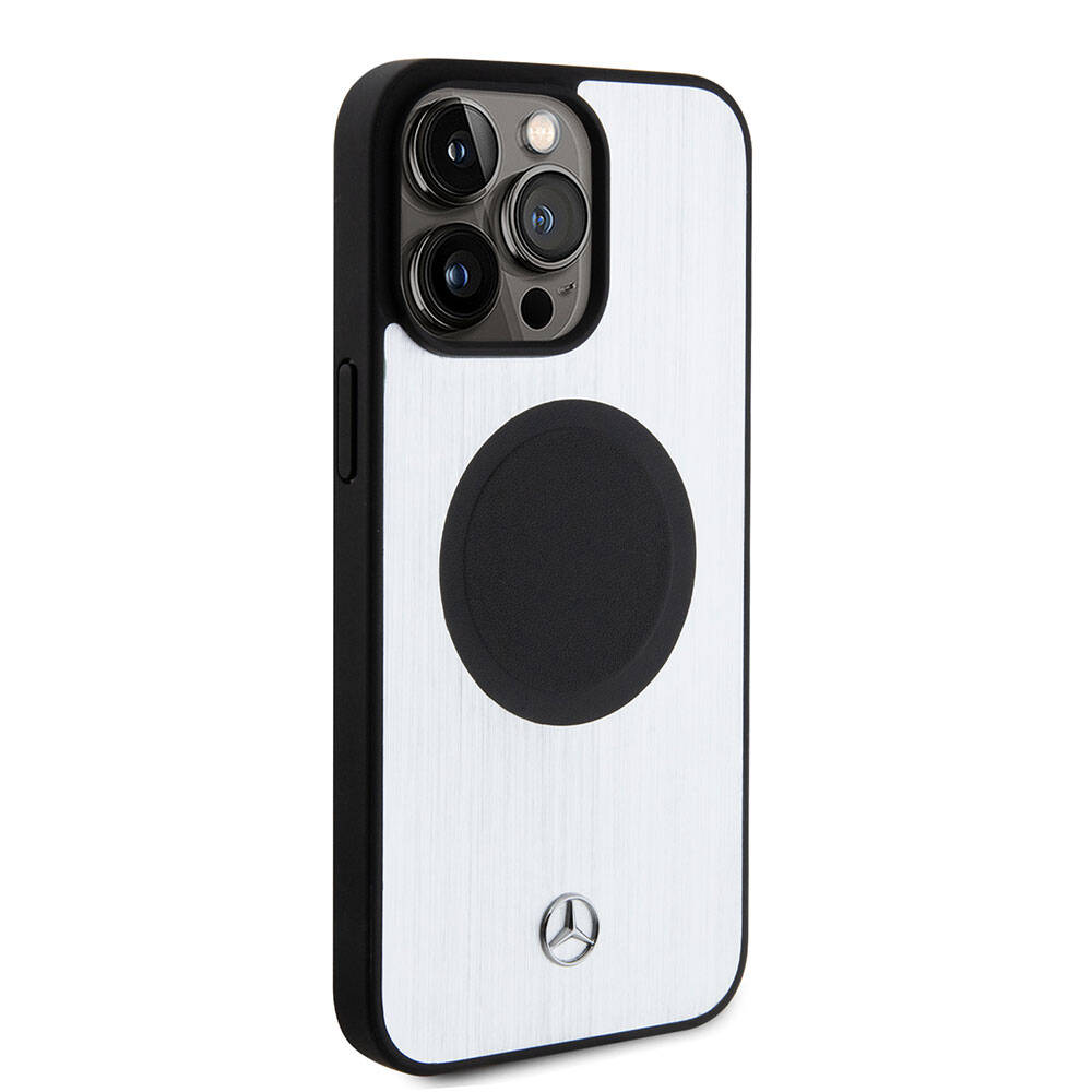 Apple iPhone 15 Pro Max Kılıf Mercedes Benz Orjinal Lisanslı M-safe Şarj Özellikli Alüminyum Arka Yüzey Metal Yıldız Logolu Kapak Gümüş