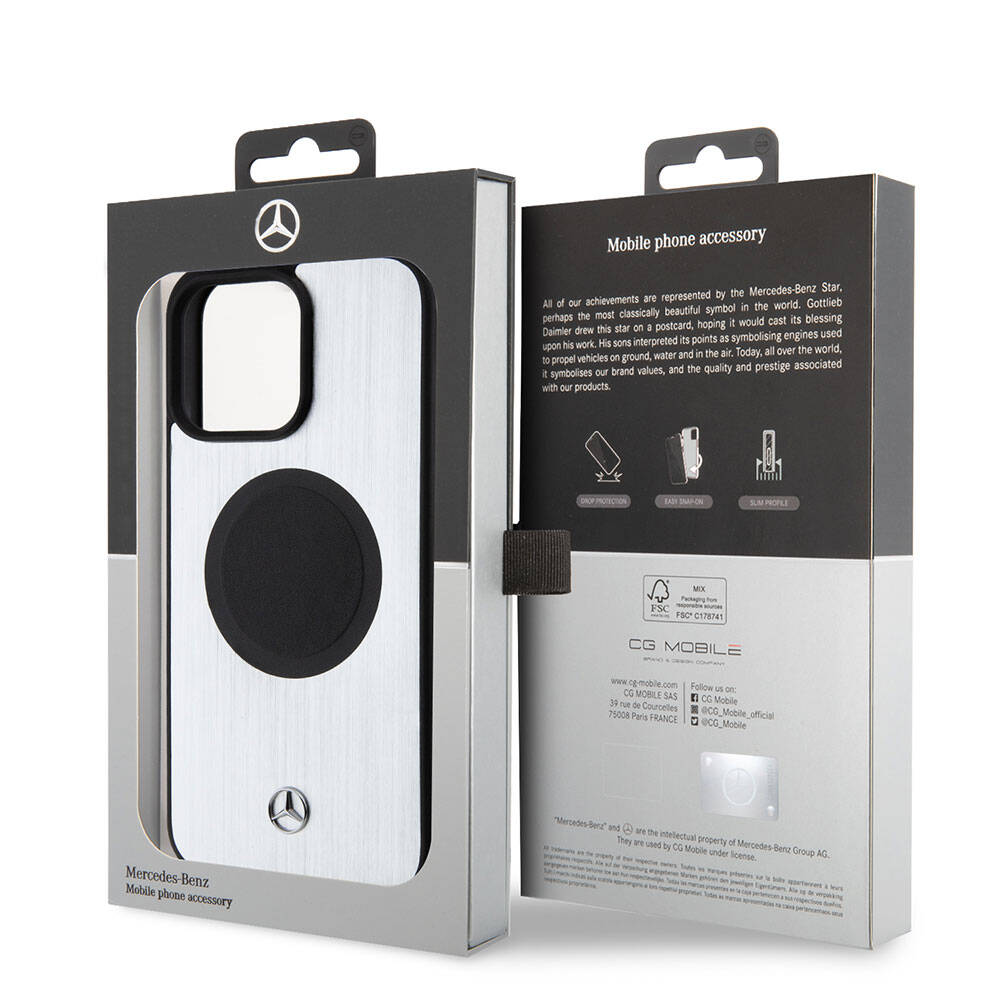 Apple iPhone 15 Pro Max Kılıf Mercedes Benz Orjinal Lisanslı M-safe Şarj Özellikli Alüminyum Arka Yüzey Metal Yıldız Logolu Kapak Gümüş