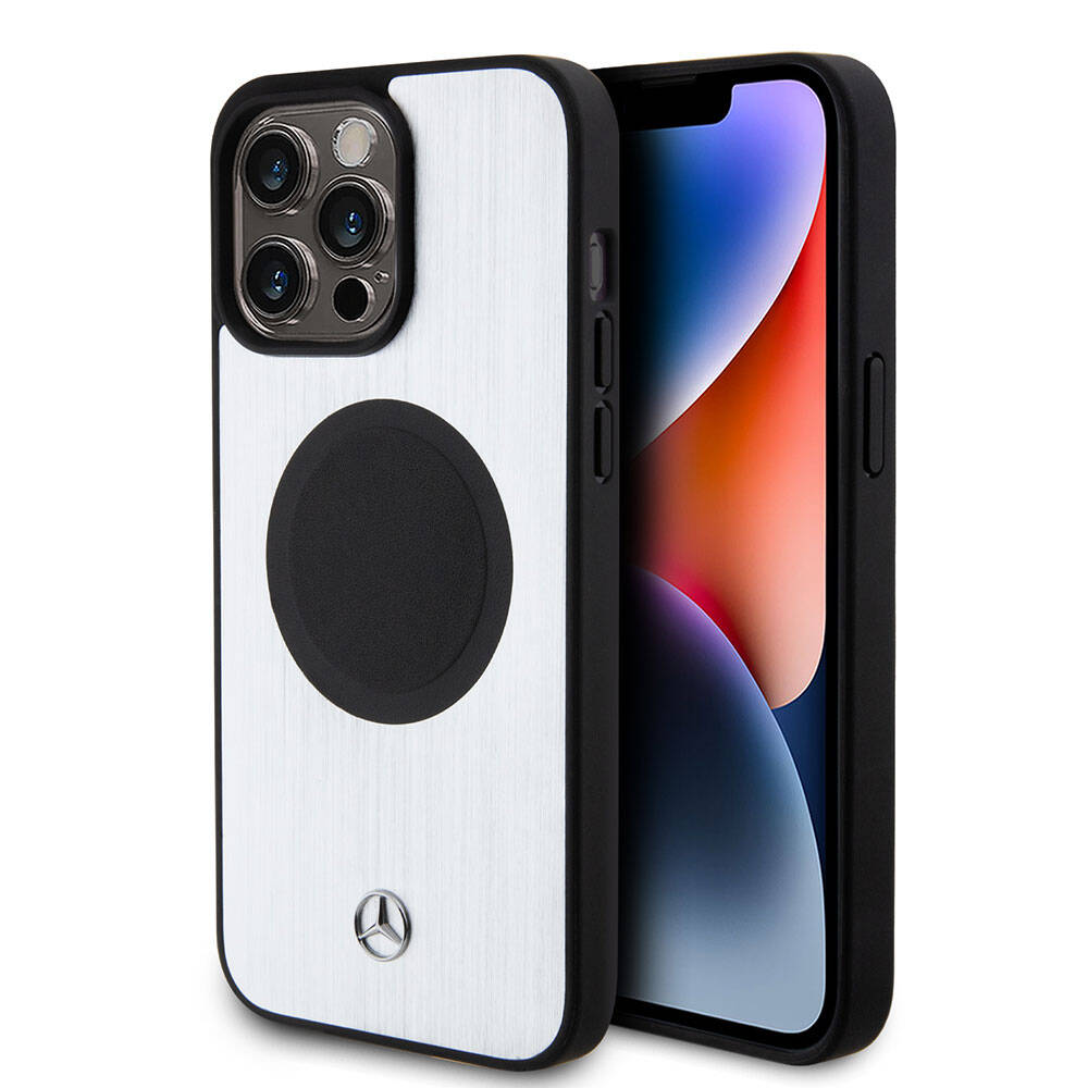 Apple iPhone 15 Pro Max Kılıf Mercedes Benz Orjinal Lisanslı M-safe Şarj Özellikli Alüminyum Arka Yüzey Metal Yıldız Logolu Kapak Gümüş