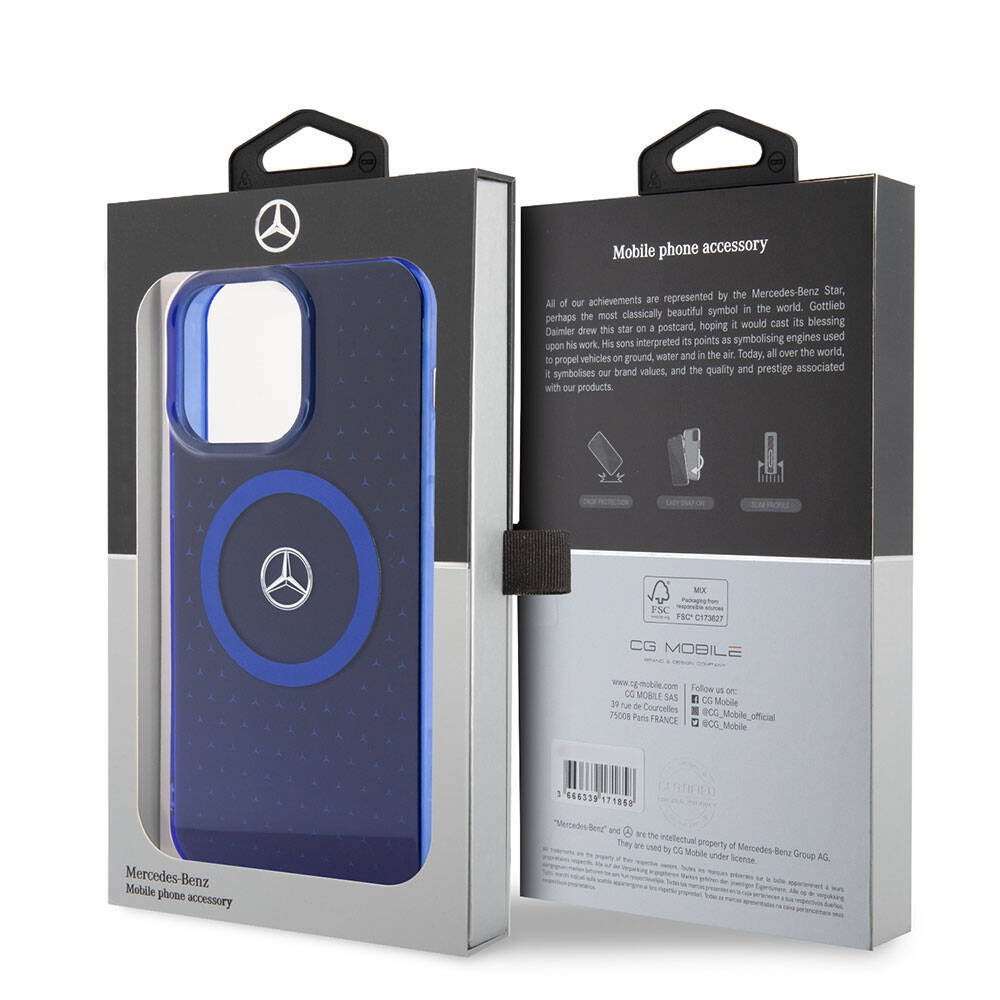 Apple iPhone 15 Pro Max Kılıf Mercedes Benz Orjinal Lisanslı M-safe Şarj Özellikli Çift Katmanlı Mavi Yıldız Desenli Kapak Mavi
