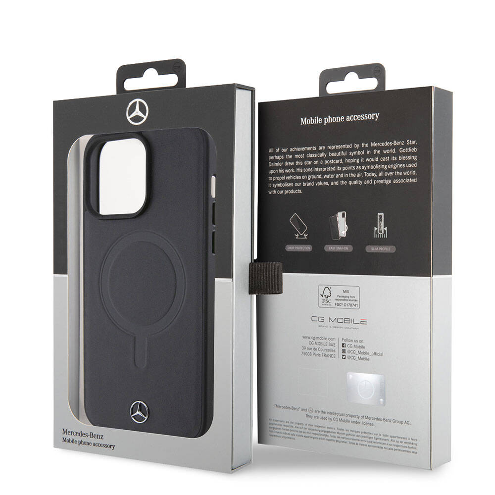 Apple iPhone 15 Pro Max Kılıf Mercedes Benz Orjinal Lisanslı M-safe Şarj Özellikli Metal Yıldız Logolu Pürüzsüz Deri Kapak Lacivert