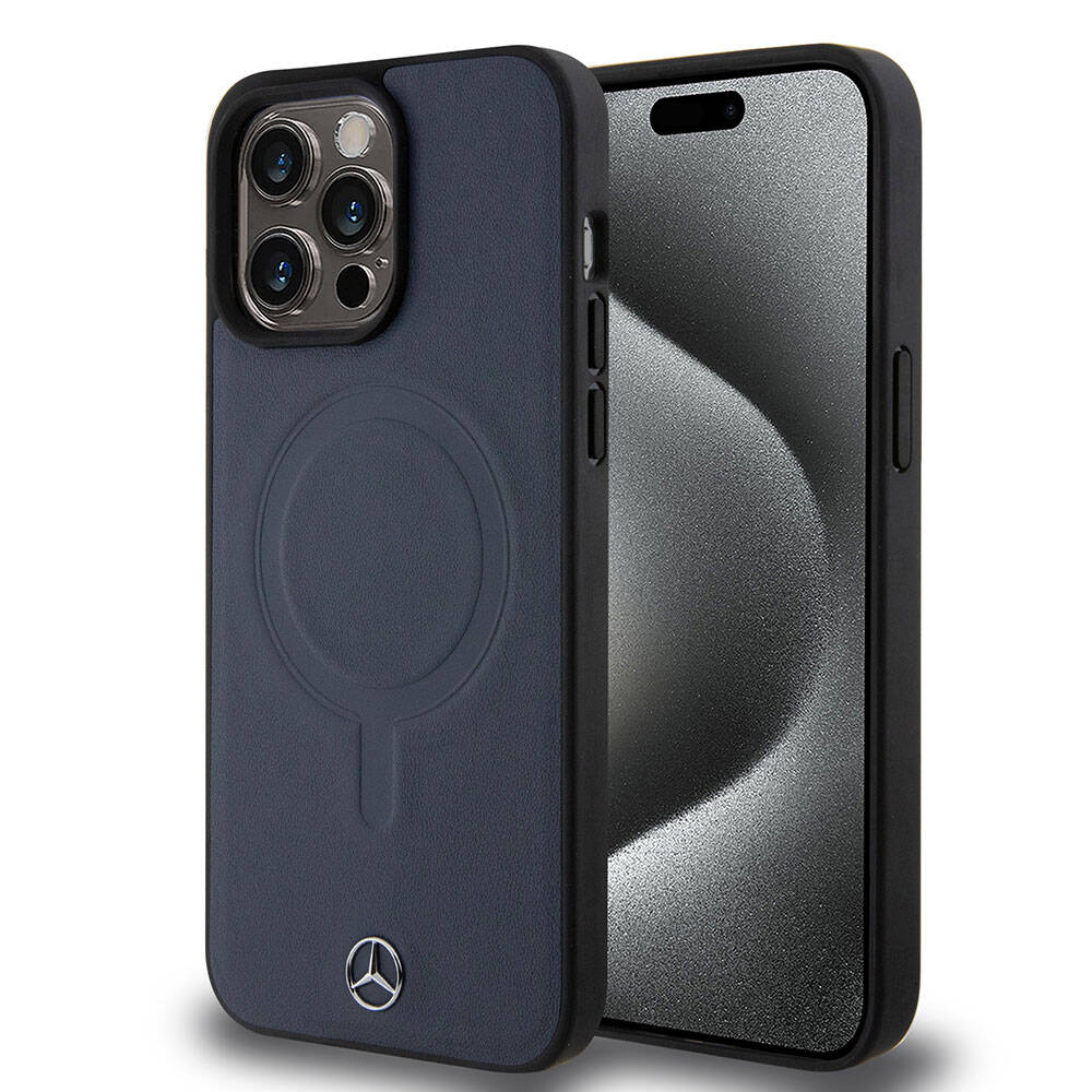 Apple iPhone 15 Pro Max Kılıf Mercedes Benz Orjinal Lisanslı M-safe Şarj Özellikli Metal Yıldız Logolu Pürüzsüz Deri Kapak Siyah