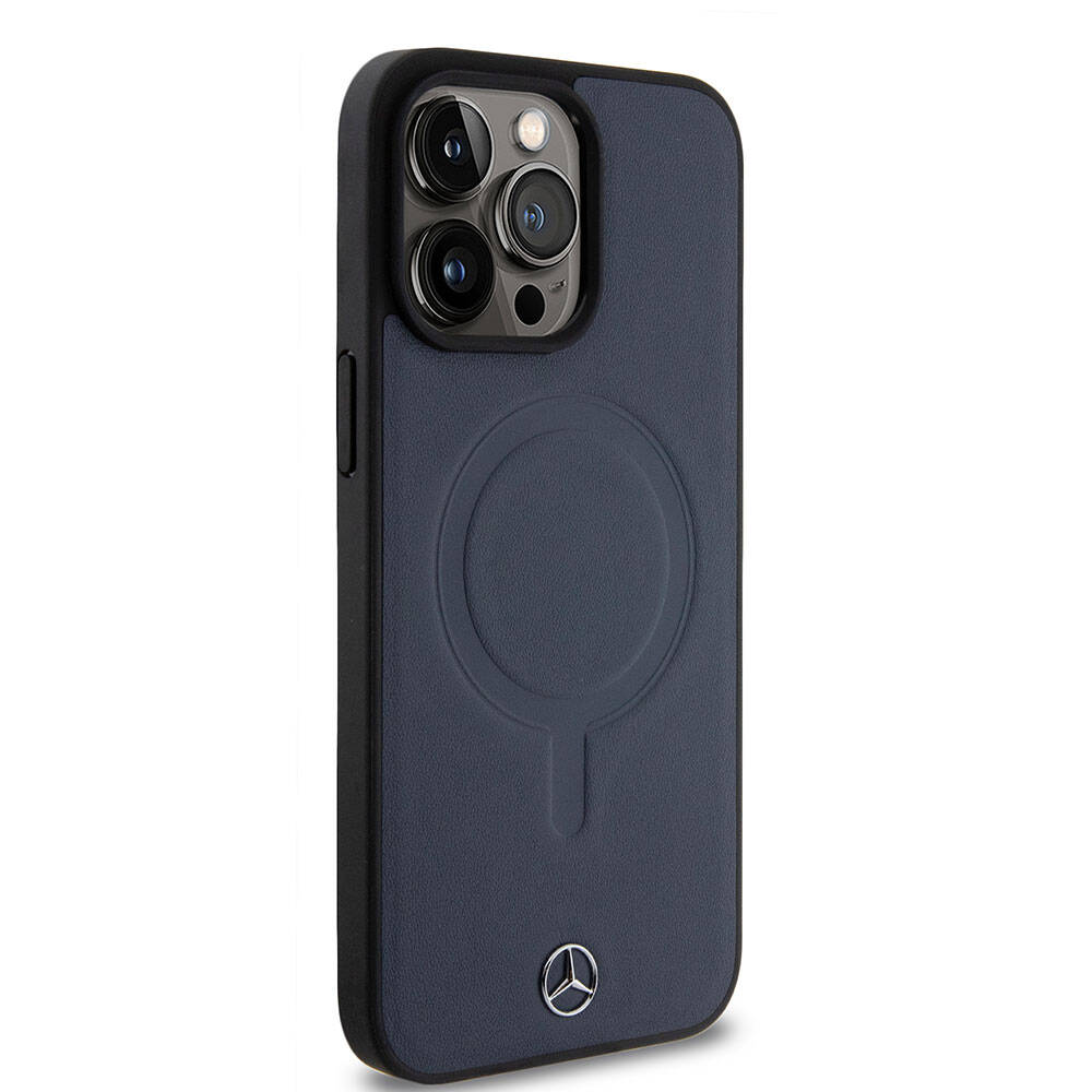 Apple iPhone 15 Pro Max Kılıf Mercedes Benz Orjinal Lisanslı M-safe Şarj Özellikli Metal Yıldız Logolu Pürüzsüz Deri Kapak Siyah