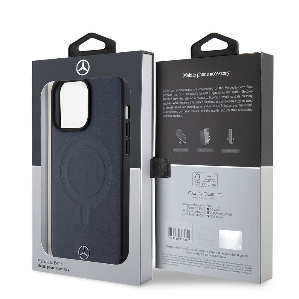 Apple iPhone 15 Pro Max Kılıf Mercedes Benz Orjinal Lisanslı M-safe Şarj Özellikli Metal Yıldız Logolu Pürüzsüz Deri Kapak Lacivert