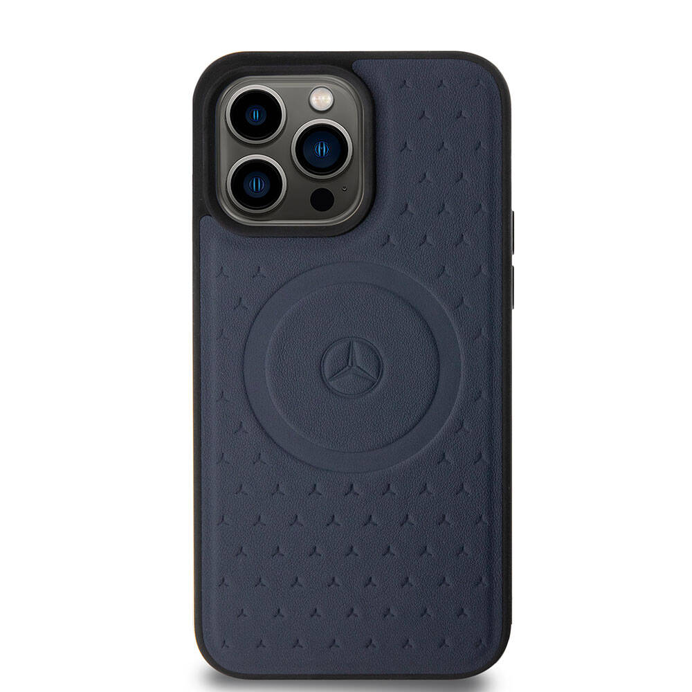Apple iPhone 15 Pro Max Kılıf Mercedes Benz Orjinal Lisanslı M-safe Şarj Özellikli Mühürlü Yıldız Desenli ve Logolu Deri Kapak Siyah